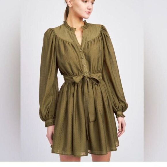 En Saison Brea Mini Dress Olive Size Small Ruffled Neck Organza - Picture 1 of 13